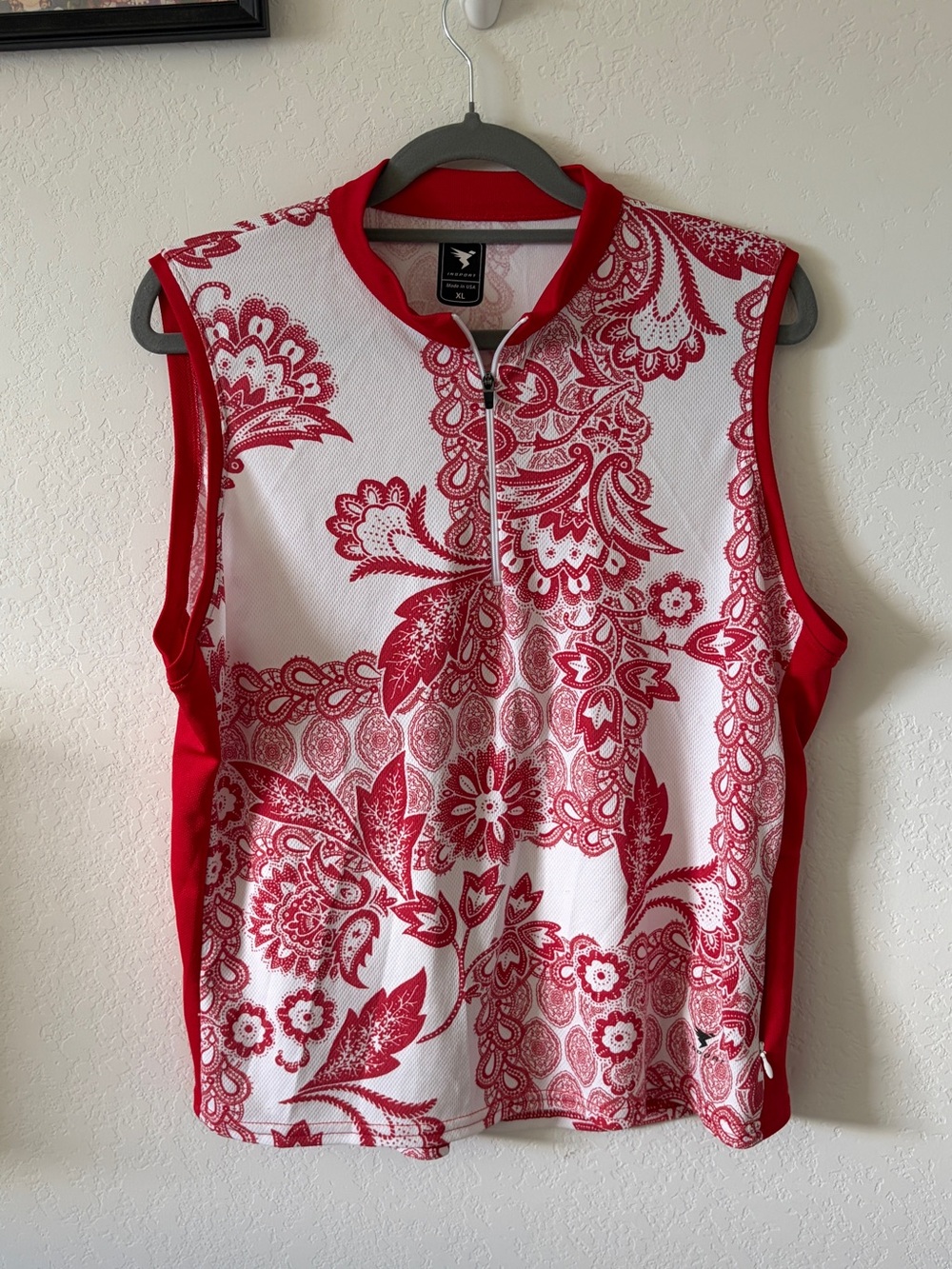 INSPORT Sleeveless Cycling Jersey Red White Paisley Floral 1/2 Zip Made in USA